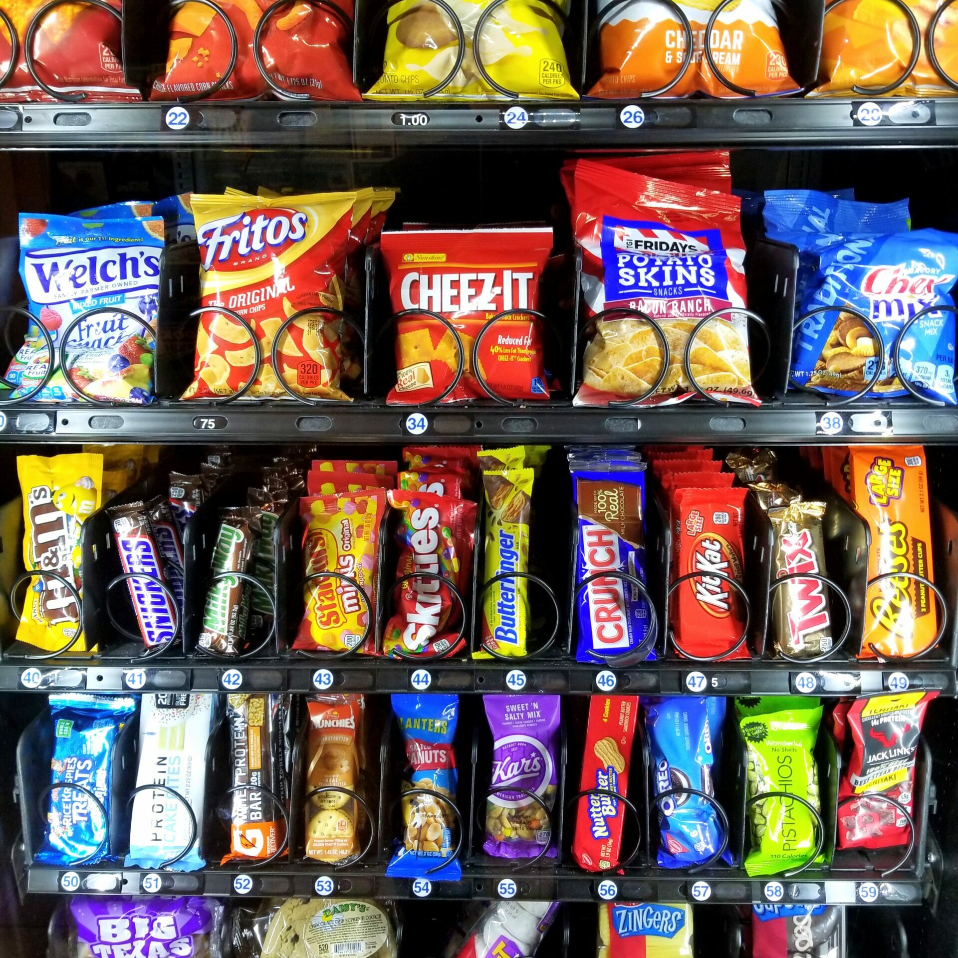 Variety of snacks inside a vending machine